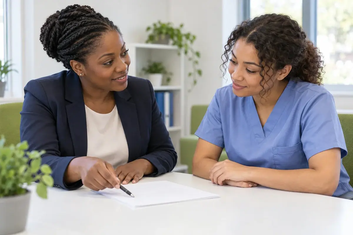 A recruitment partner helping a carer with her application