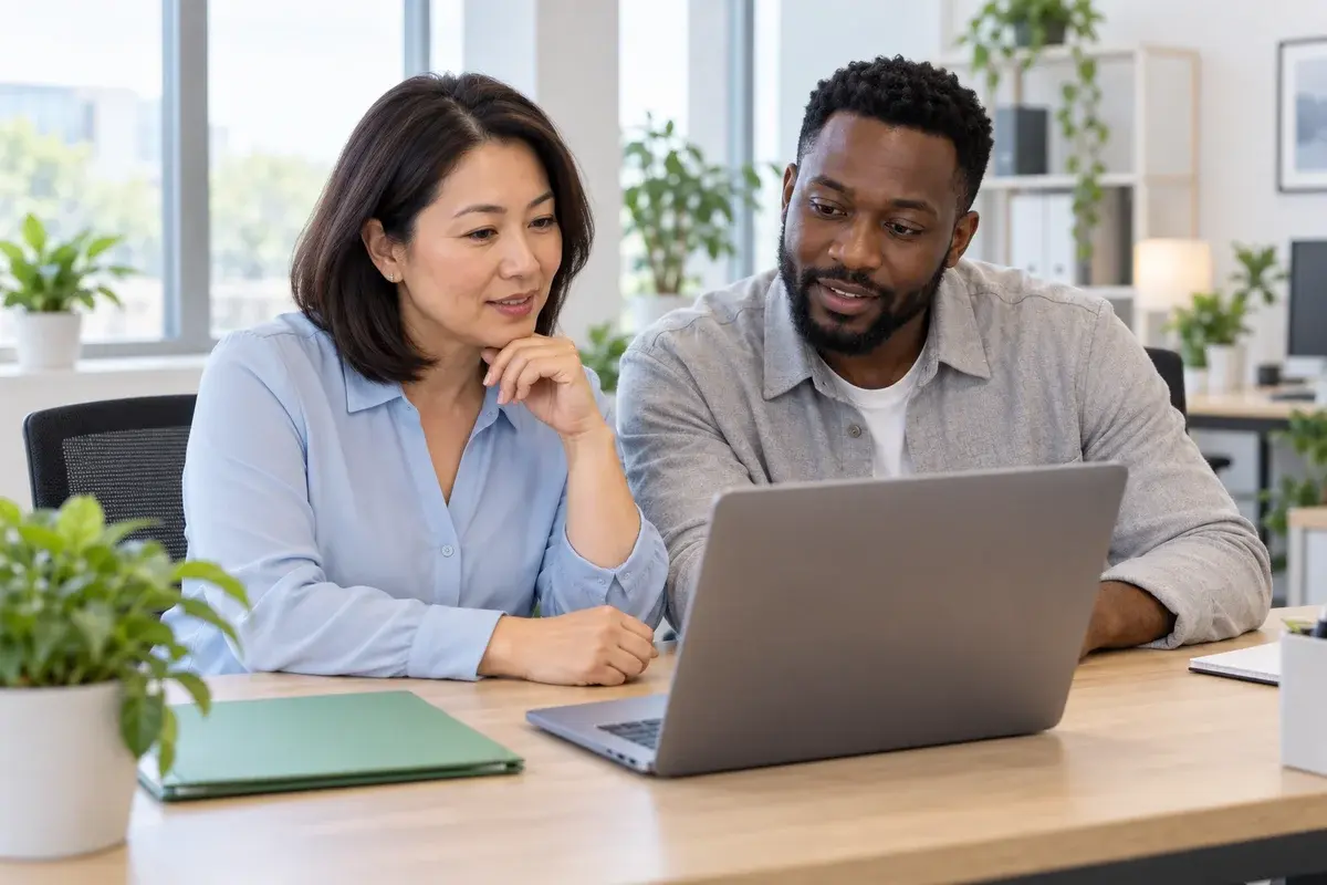 Two recruitment partners reviewing a carer application